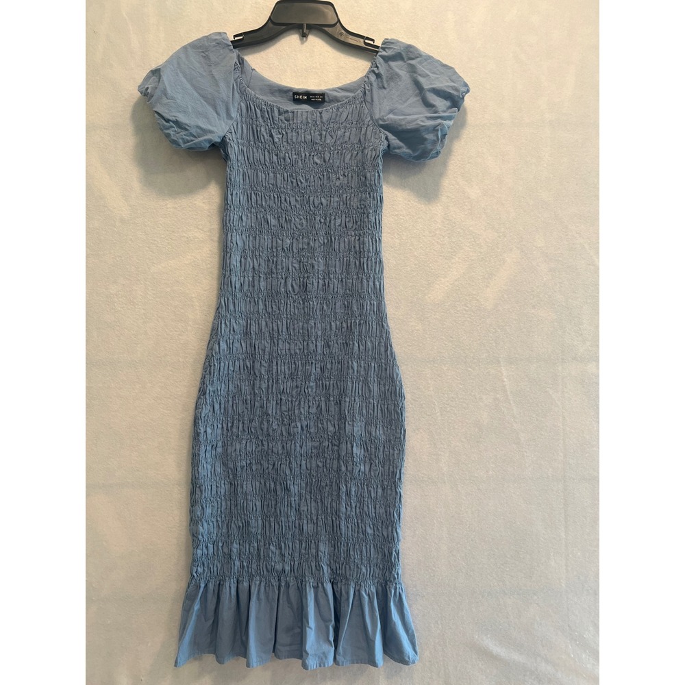 Shein‎ Blue Smocked Bodycon Midi Dress Short Sleeve Ruffle Hem